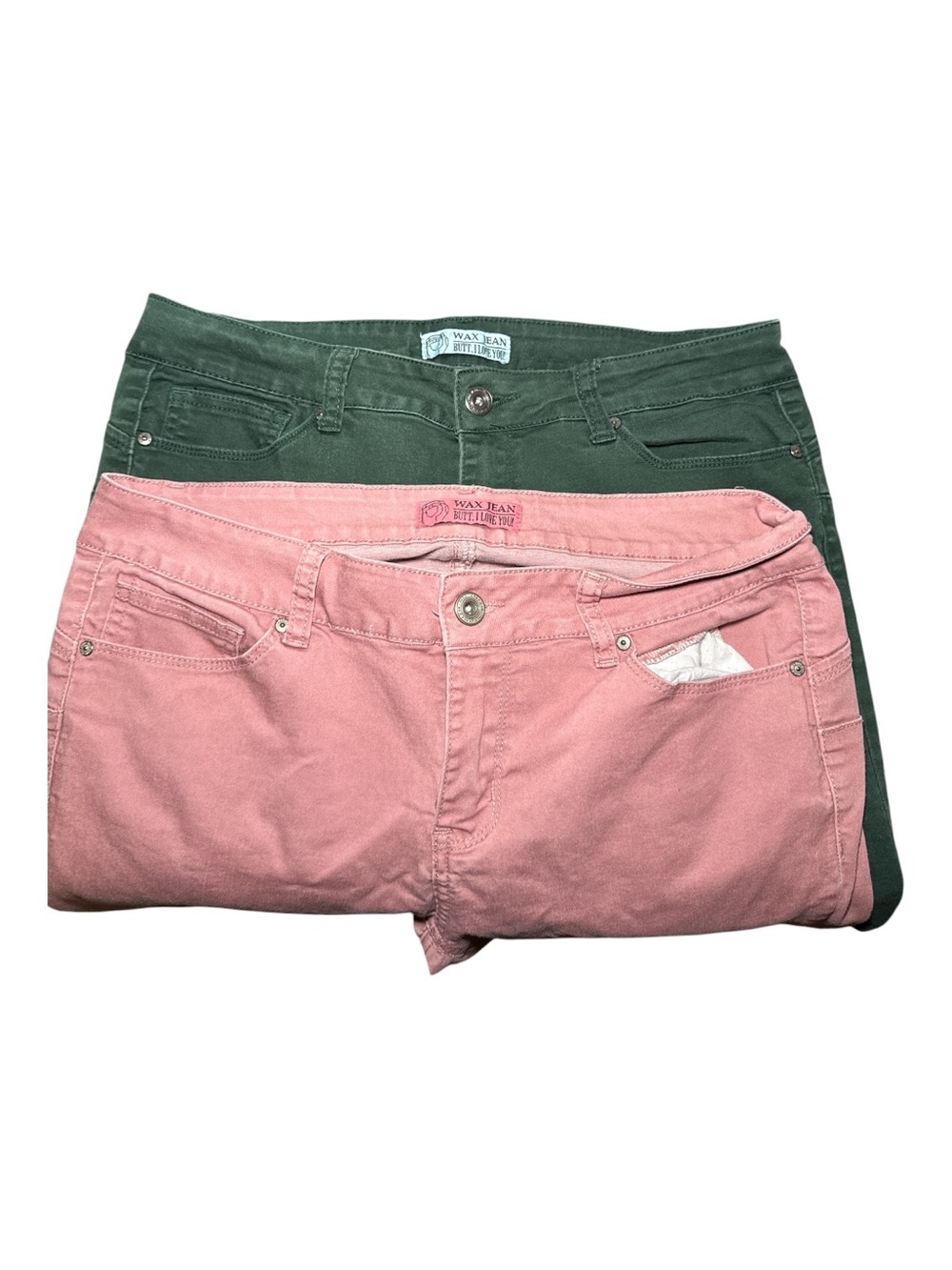 WAX JEANS Women's Juniors Lot of 2 Denim Jeans Size 13 Hunter Green & Pink